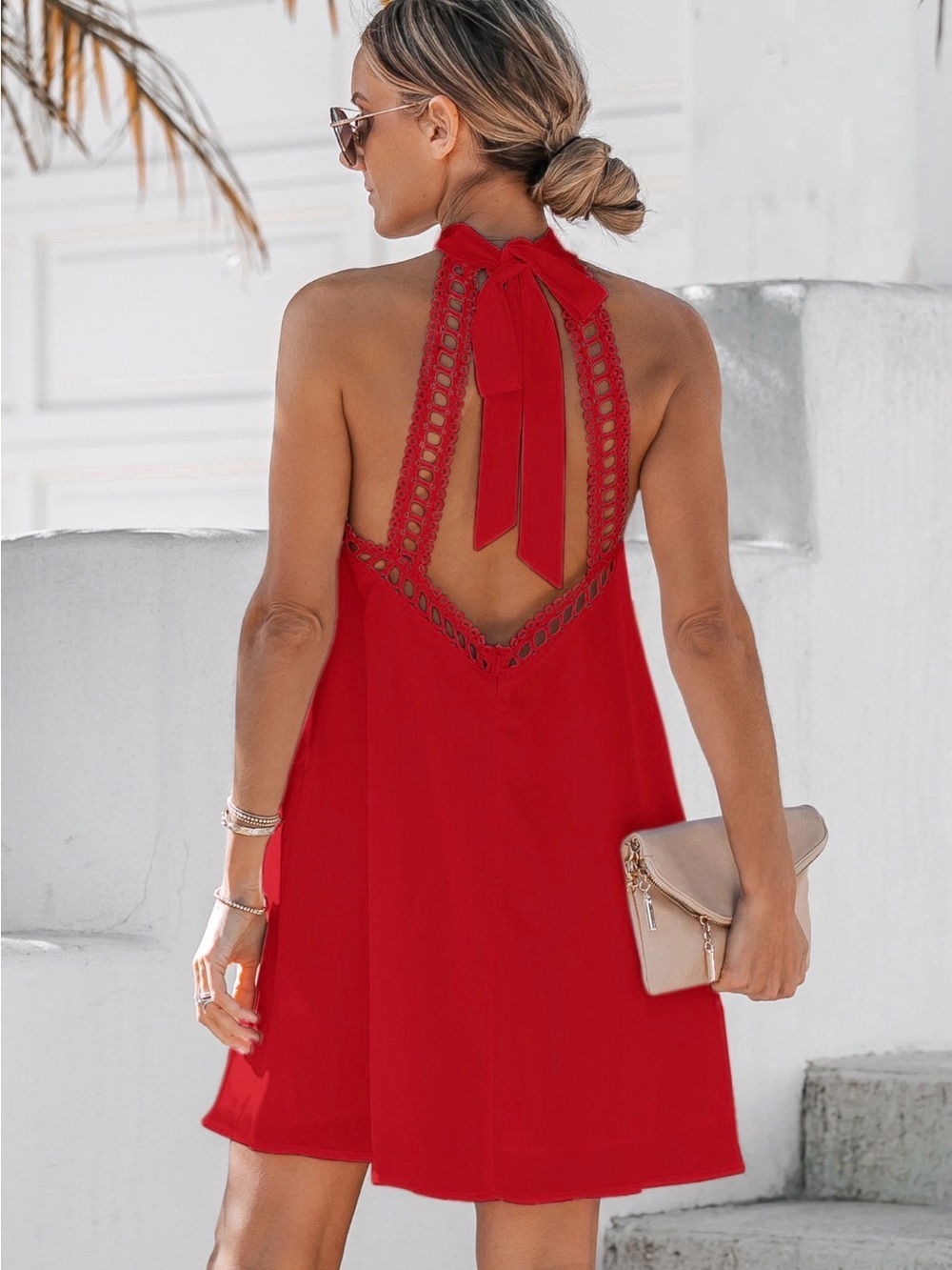 Backless Bright Red Dress with Eyelet Halter Neckline